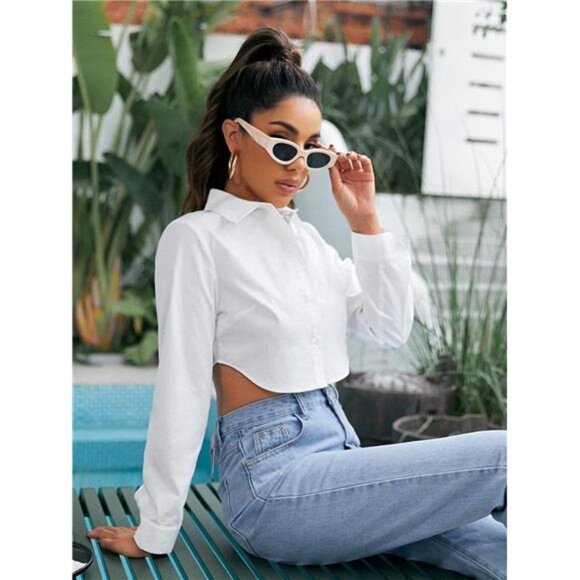 Women's Casual Button Down Long Sleeve Curved Hem Blouse Crop Tops - Picture 4 of 7